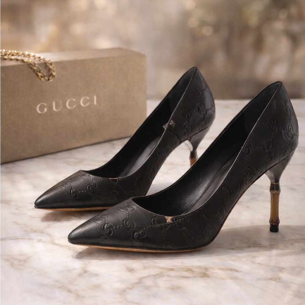 Gucci Black Guccissima Leather Women's Pump Bamboo heel Size 39.5 preloved